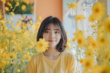 Beautiful Asian Woman Posing in a Field of Yellow Flowers