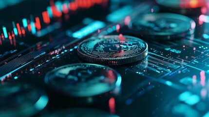 Digital cryptocurrencies on a futuristic interface with market data and trends in the background.