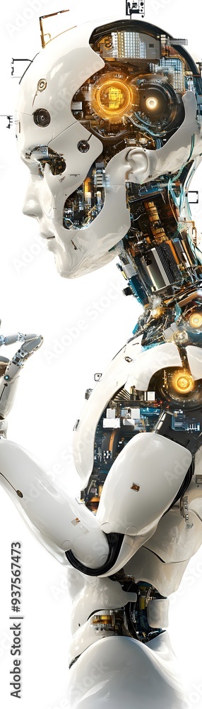 Poster futuristic robot with open head and visible internal mechanisms.