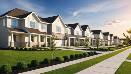 image depicts a suburban neighborhood with modern, single-story houses, Modern town homes side the road, New homes at Indian reservation