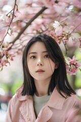 Young Asian Woman Standing Under Cherry Blossom Tree