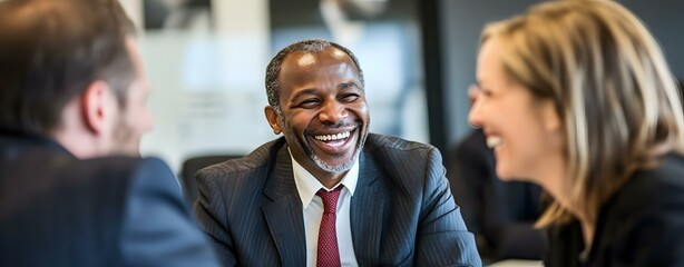 Smiling Businessman  in Suit  Having a Conversation with Colleagues