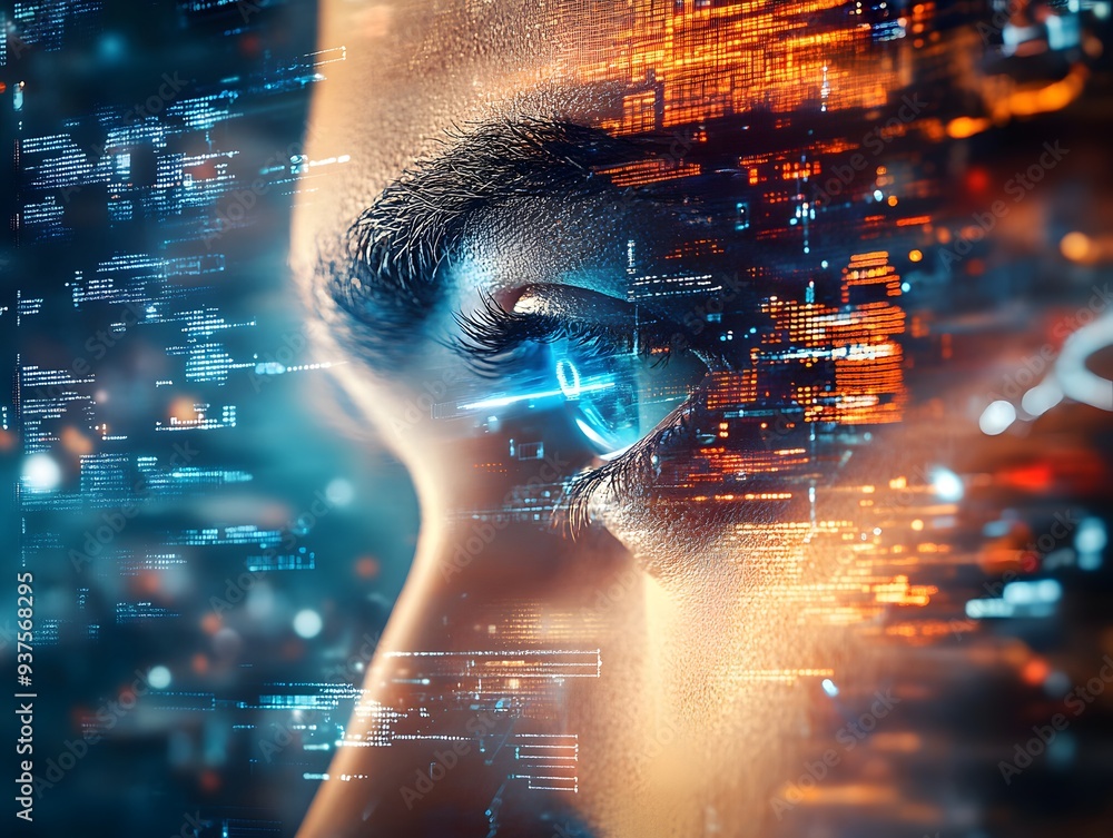 Poster human eye looking at binary code.