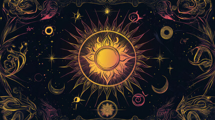 Fototapeta premium Horoscope banner featuring symbols of the 12 zodiac signs against a mystical black background. The design includes celestial elements like the sun, creating a magical and enchanting poster or cover.