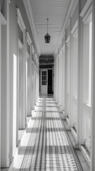 Fototapeta premium Abstract White Corridor A minimalist hallway of receding white frames, leading to a bright, undefined space beyond. The image evokes a sense of depth, perspective, and possibility.