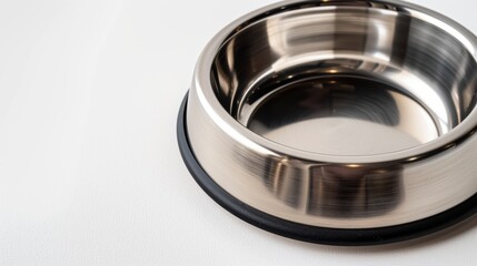 Shiny new pet bowl sitting empty on a white surface