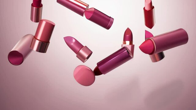 Multicolored lipsticks in flight on a soft pink background, a sense of dynamics and style