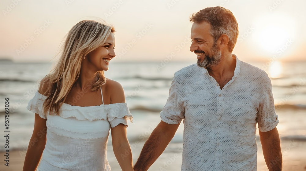 Wall mural couple walking on the beach at sunset