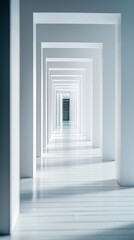 Abstract White Corridor  A minimalist hallway of receding white frames, leading to a bright, undefined space beyond.  The image evokes a sense of depth, perspective, and possibility.