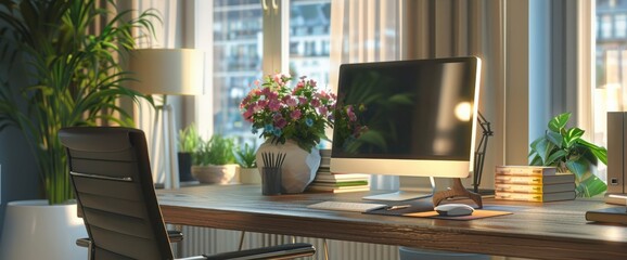 Comfortable workplace with modern computer and flowers in room. Interior design