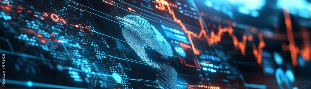 Poster digital stock market data visualization with charts and graphs highlighting economic trends and fina