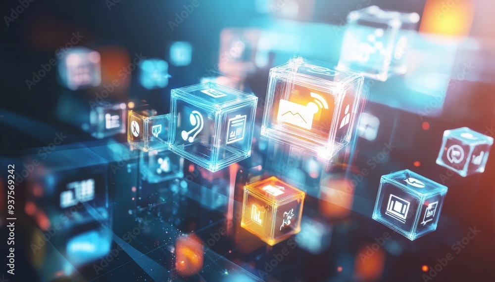 Poster Abstract Digital Cubes with Icons Representing Technology and Communication.