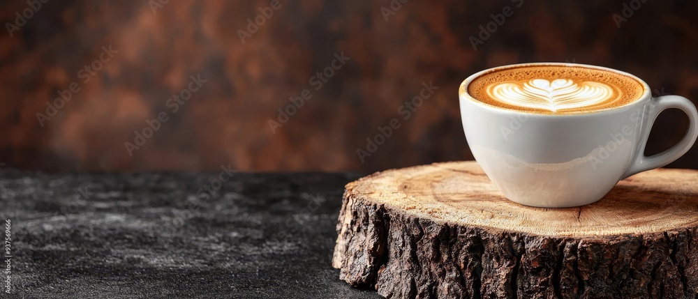 Poster  A cappuccino in a cup atop a wooden table, its black surface beneath