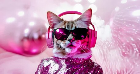 Disco dj stylish cat in party atmosphere. Music fun concept.