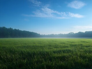 Obraz premium Picturesque Early Morning Meadow with Vibrant Green Grass and Clear Blue Sky