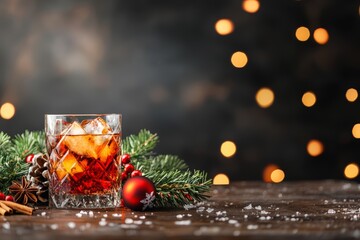 A festive glass of whiskey with ice, surrounded by holiday decorations and warm bokeh lights, perfect for winter celebrations.