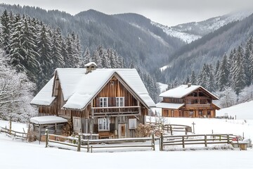 Wooden Cabin Covered in Snow in Winter Mountains