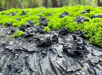 Close Up of Green Moss Growing on Black Rocks