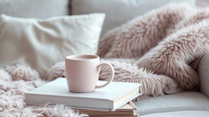 Nestled in a peaceful corner, a pastel pink mug sits gracefully atop a stack of white books, surrounded by cozy textures and soft hues, inviting warmth and relaxation