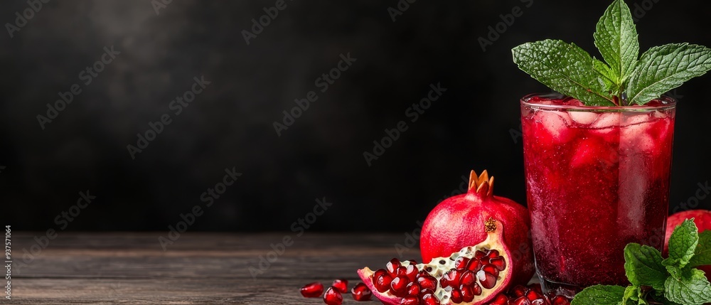 Sticker  A glass holding pomegranate sits beside a pomegranate garnish on a wooden table