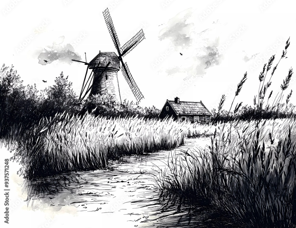 Wall mural hand-drawn black ink on a white background, with a small dutch farm in the distance featuring a wind