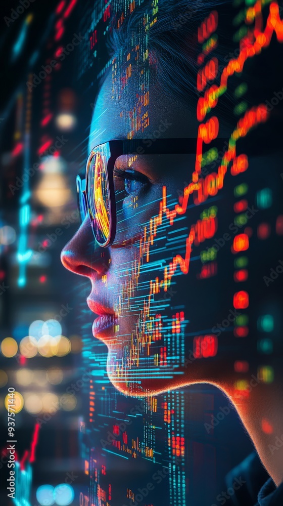 Poster focused person wearing glasses analyzing financial stock market data with colorful graphs and number