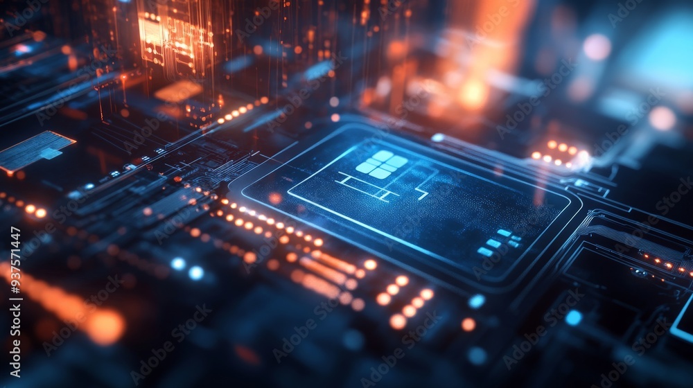 Poster futuristic, glowing microchip on circuit board. concept of advanced technology, artificial intellige