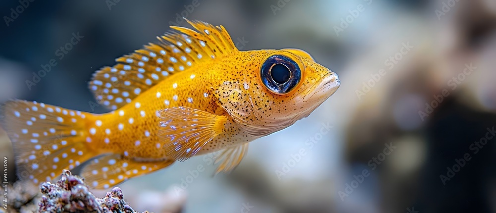 Poster a tight shot of a yellow fish, adorned with white specks on its body and a distinct black dot in its