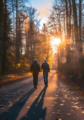 Two Men Walking on Path in Autumn Forest