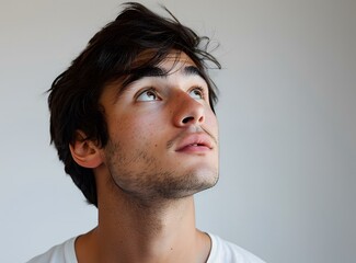Young Man Looking Up with Hope and Wonder