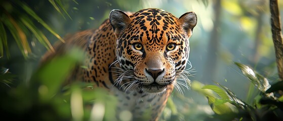  A tight shot of a leopard striding through a woodland thicket, surrounded by vivid trees and falling leaves, while the backdrop softly blurs