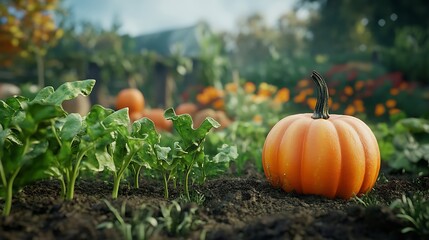 A pumpkin growing in a garden, with other vegetables in the background.