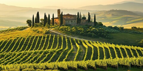 Fototapeta premium Tuscany landscape with vineyard. Vineyard Tour Tuscany, Travel & leisure magazine photo.