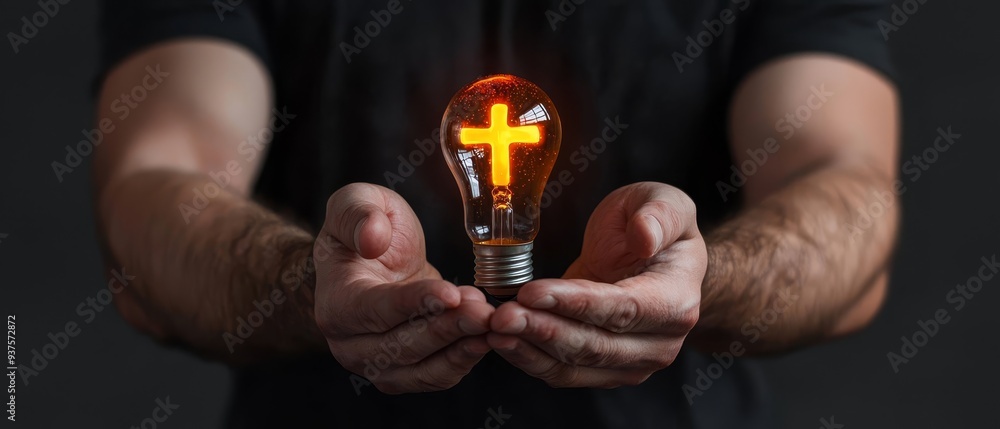 Poster  A man holds a light bulb with a cross in its center, while also carrying an additional light bulb in his hands