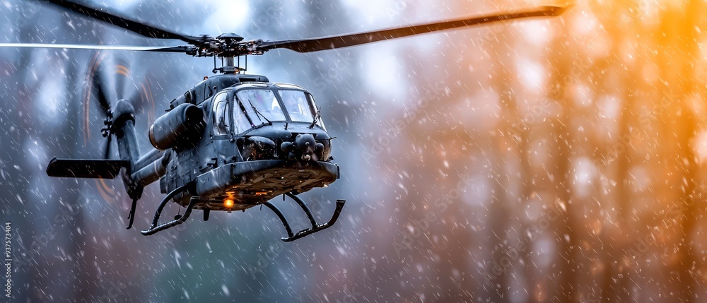 Canvas Prints  A helicopter flying in the air on a snowy day, snowfall blanketing the ground beneath, trees in the background dusted with fresh snow