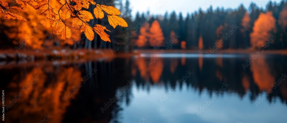 Wall mural  A body of water encircled by trees with orange foliage in the foreground and a blue backdrop