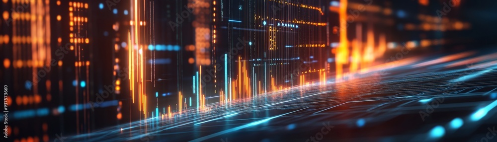 Poster futuristic data visualization with digital graphs and neon lights, illustrating technology and finan