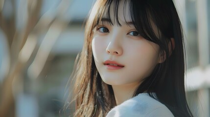 Obraz premium Portrait of a Young Asian Woman with Long Black Hair Looking at the Camera