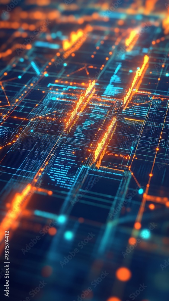 Poster futuristic digital circuit board with glowing lines and dots, showcasing advanced technology and net