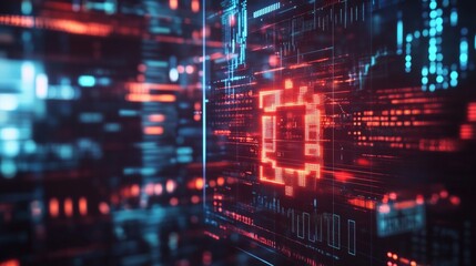 Obraz premium Futuristic digital circuit board with glowing red and blue lights, representing advanced technology and cybersecurity.