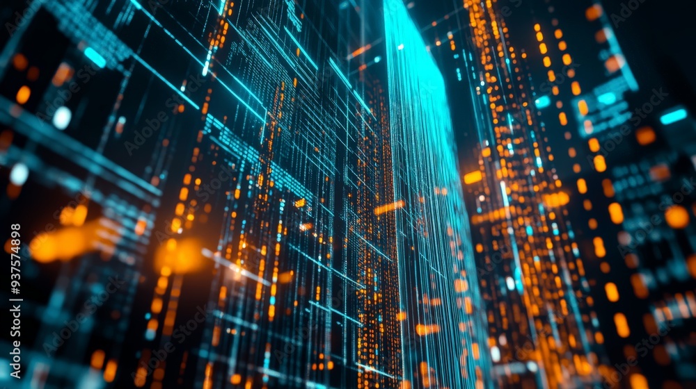 Poster futuristic digital cityscape with bright neon lights and complex network structures, representing te
