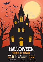 Halloween Party Invitation Template with Haunted House, Full Moon, Bats and Tree Silhouette. Vector Illustration Halloween Invitation for Poster, Flyer, Advertisement and Social Media.