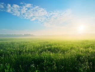 Fototapeta premium Early Morning Scenic Landscape of Lush Green Meadow Under Bright Blue Sky