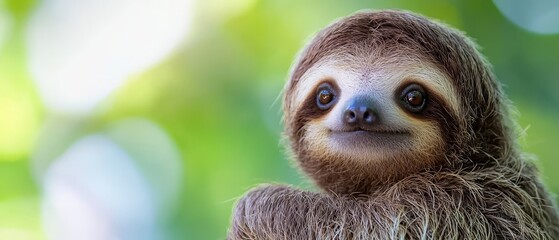 Naklejka premium Three-toed sloth hanging upside down, gazes at the camera, blurred tree branches behind