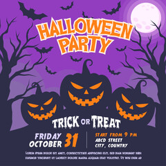 Halloween Party Invitation Template with Scary Pumpkin, Bats, Tree Silhouette and Full Moon. Vector Illustration Halloween Invitation for Poster, Flyer, Advertisement and Social Media.