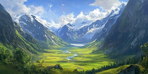 Fototapeta premium Mountain landscape with glacier-fed river through green valley 