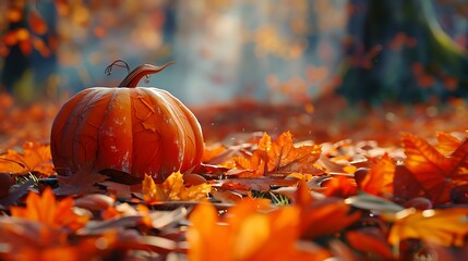 A pumpkin surrounded by autumn leaves, with a focus on the rich textures and colors of the scene.