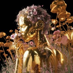 digital artwork of a gold robot sniffing flowers, blending into a flowery meadow with pastel strokes and golden reflection