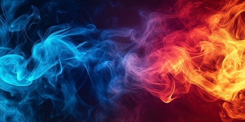 Color smoke abstract background. Cold hot. Ice fire flame. Defocused blue red contrast paint splash light glowing vapor floating cloud texture. Generative ai