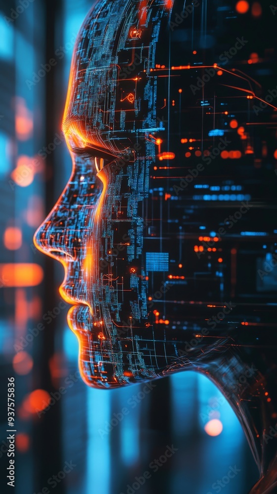 Poster futuristic digital human profile with glowing circuits, representing artificial intelligence and tec